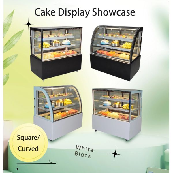 Commercial Cake Display Freezer Curved/Right angled Glass & Stainless Steel Design with Multi-tier Shelves