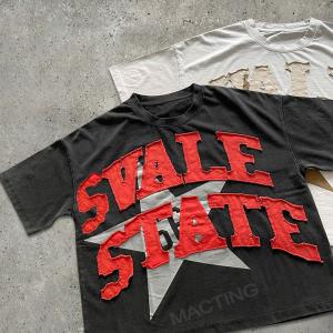 Custom Summer Heavyweight Vintage Distressed Patch Embroidery Acid Wash Cotton T