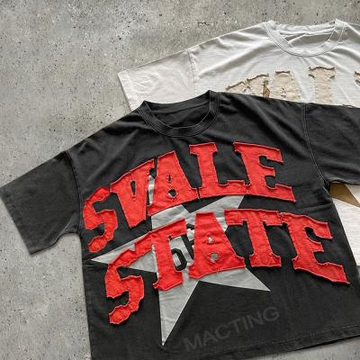 Custom Summer Heavyweight Vintage Distressed Patch Embroidery Acid Wash Cotton T-shirt Homens