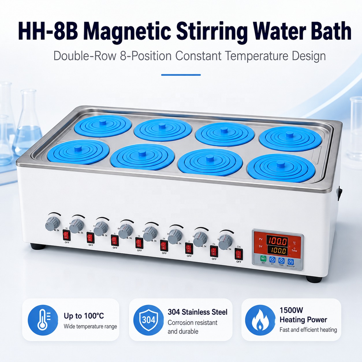 Cenlee OEM 8-Position Magnetic Stirring Water Bath 100°C 1500W for Laboratory Sample Mixing Chemical Research