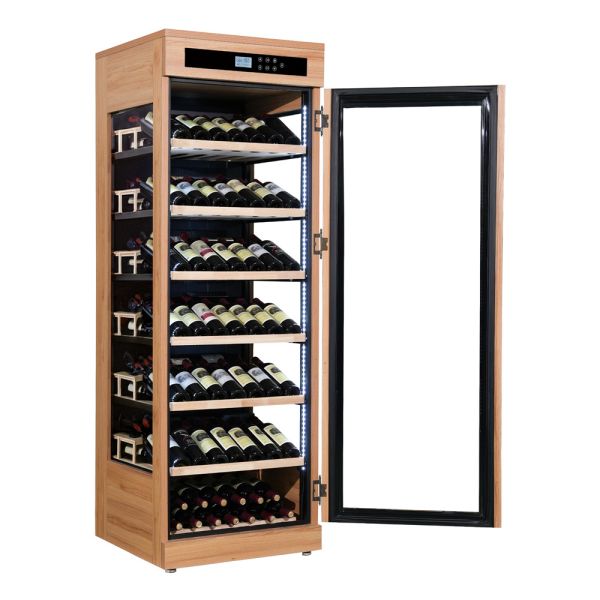 Durable Wooden Wine Cooler Cabinet with Natural Oak Finish and Horizontal Bottle Storage