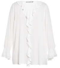 White / Black Color Fashion Ladies Blouse With Flounce In Front Placket And Sleeve End