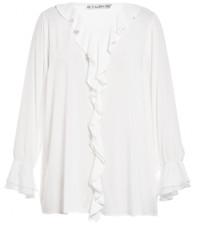 White / Black Color Fashion Ladies Blouse With Flounce In Front Placket And Sleeve End