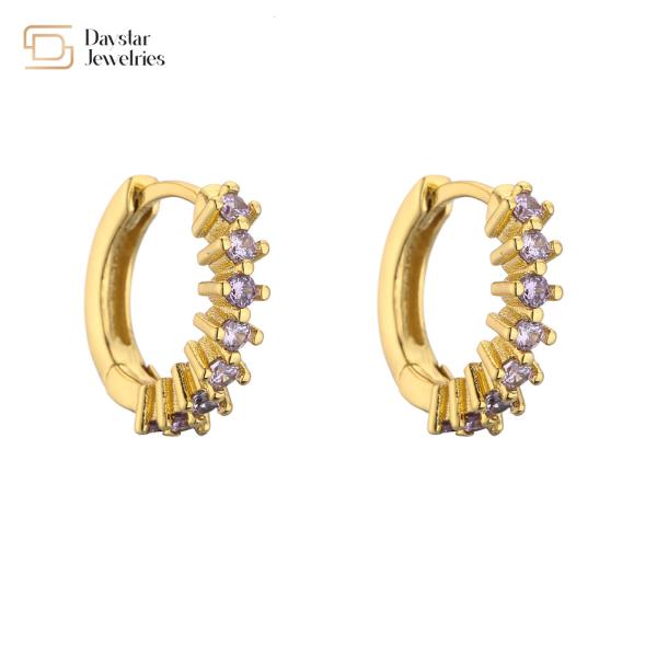 Diamond Zircon Huggie Hoop Earrings , 18k Rhinestone Small Circle Earrings