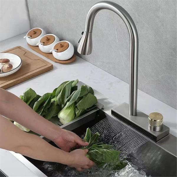 Modern Kitchen Faucet with Pull Down Sprayer Stainless Steel Brushed Nickel Commercial Bar Waterfall