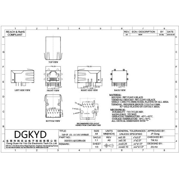 Локальные сети гигабита DGKYD фильтруя 10P8C модульное RJ45 Джек