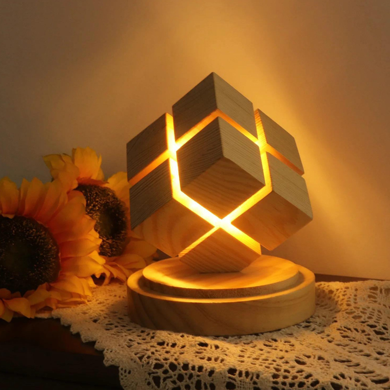 Novel Wooden Four Step Magic Cube Warm Light Lamp for Kids Gift Wood Base Table Night Light