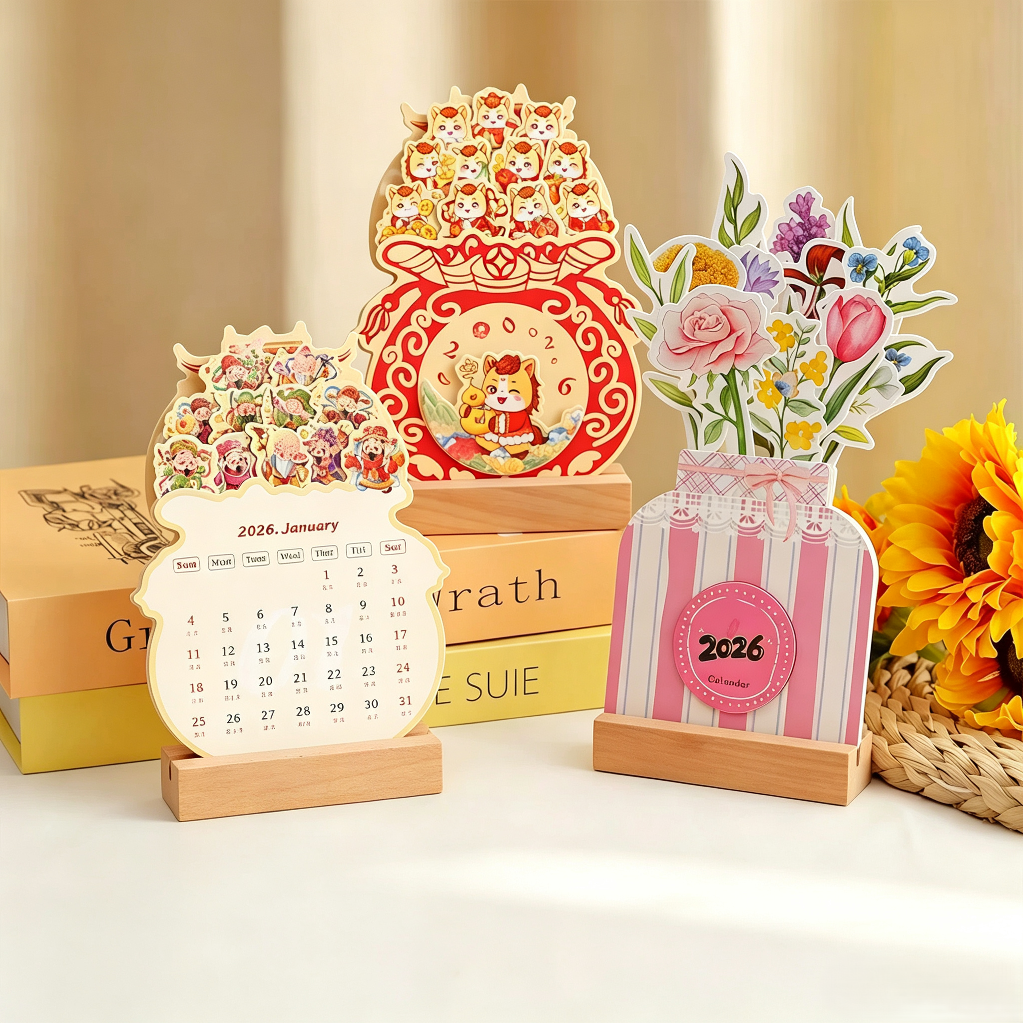 3D Desk Calendars With Die Cut Floral Design And Wooden Stand For Office Decor