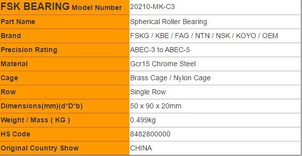Brass Cage 20210- MK - C3 Single Row Spherical Barrel Roller Bearing MB , TVP Cage , ID 50mm