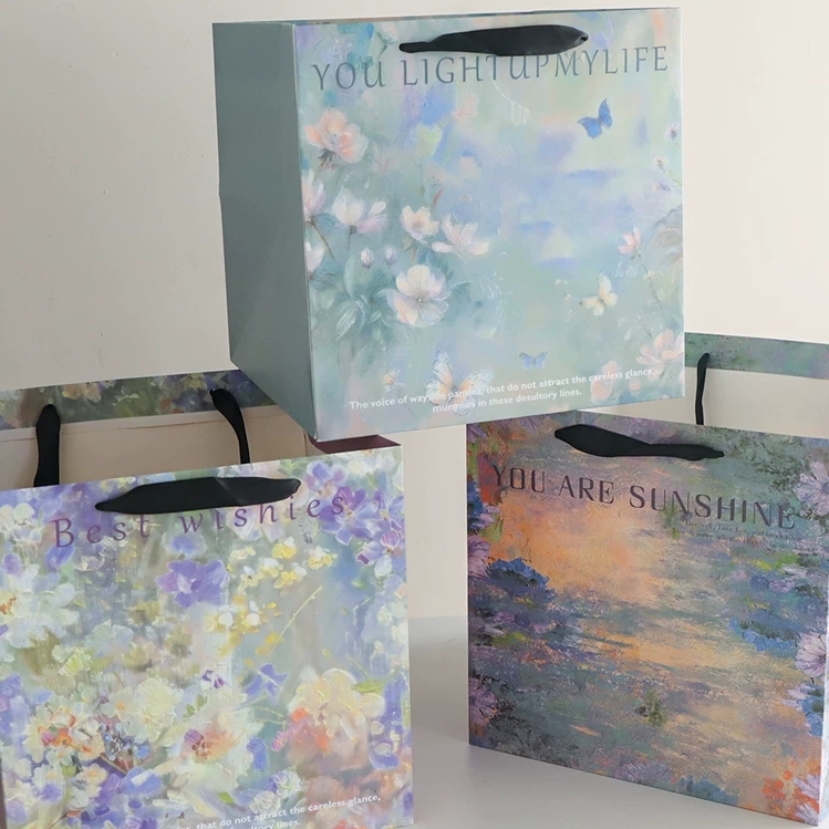 Oil Painting Style Floral Paper Gift Bags With Ribbon Handles For Retail