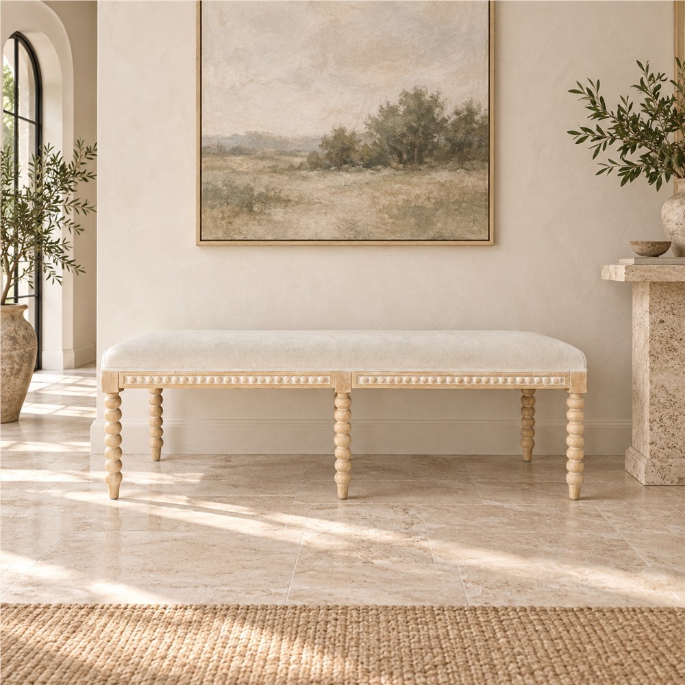 French Country 3-Seat Upholstered Solid Wood Bench | BC-001