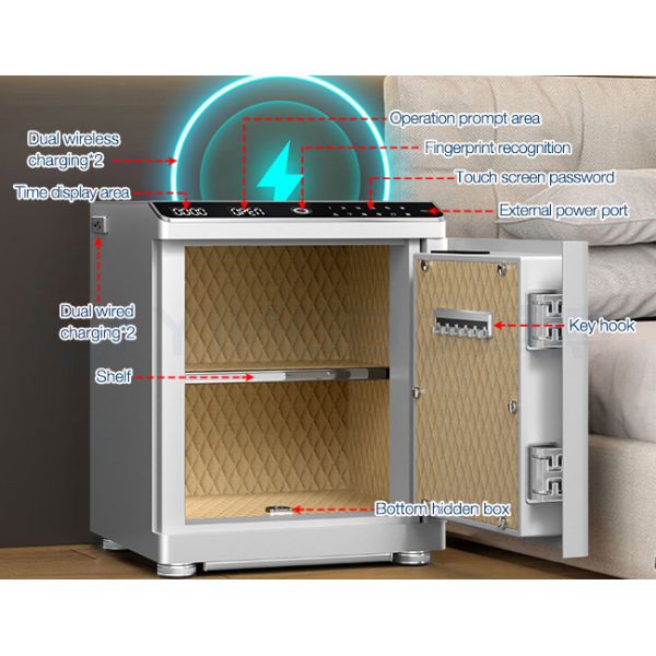 Dual Alarm Smart Security Safe Box Biometric Fingerprint Wireless Charging Bedroom Cabinet