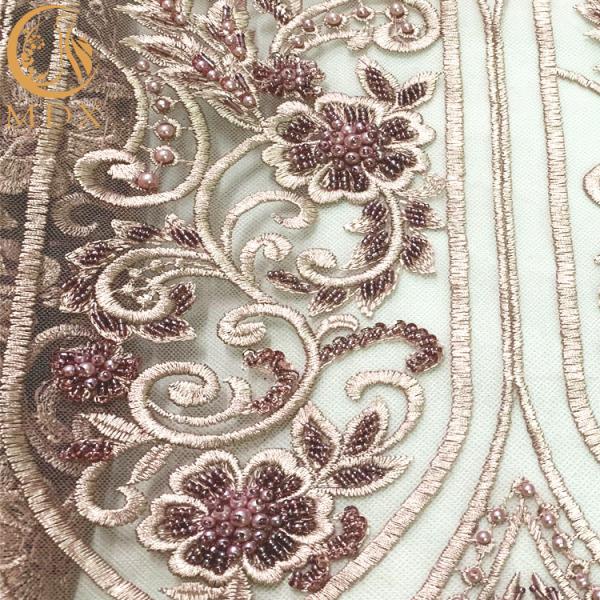 Embroidery Lace Nigerian Style Crystal Beaded Fabric For Bridal Gown