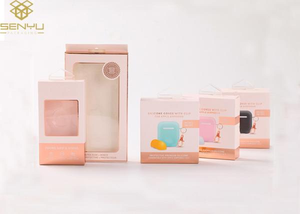 Pink 1500g Cardboard Earphone Packaging Box With Plastic Hook