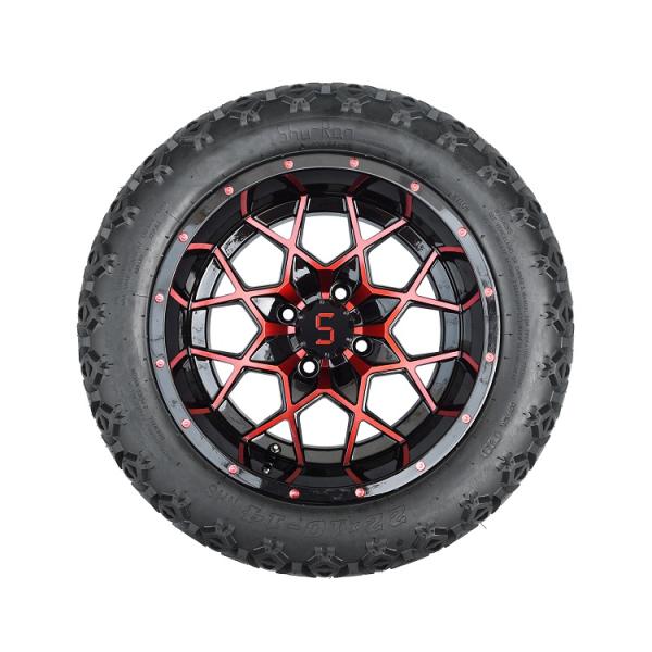 Коляска для гольфа 14 дюймовые красные/блестящие черные колеса и 22 дюймовые шины