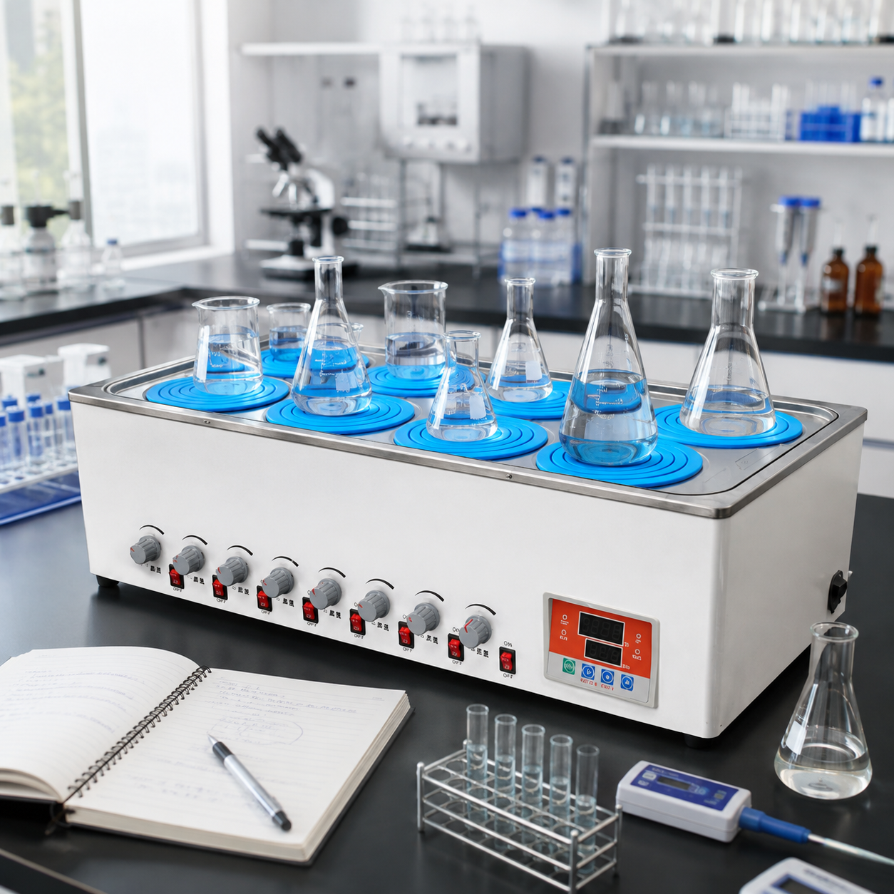 Cenlee OEM 8-Position Magnetic Stirring Water Bath 100°C 1500W for Laboratory Sample Mixing Chemical Research