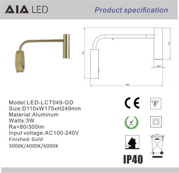 Surface mounted gold led headboard wall light/led book reading light/led bed reading wall light