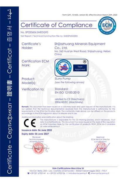 Shijiazhuang Minerals Equipment Co. Ltd Сертификации