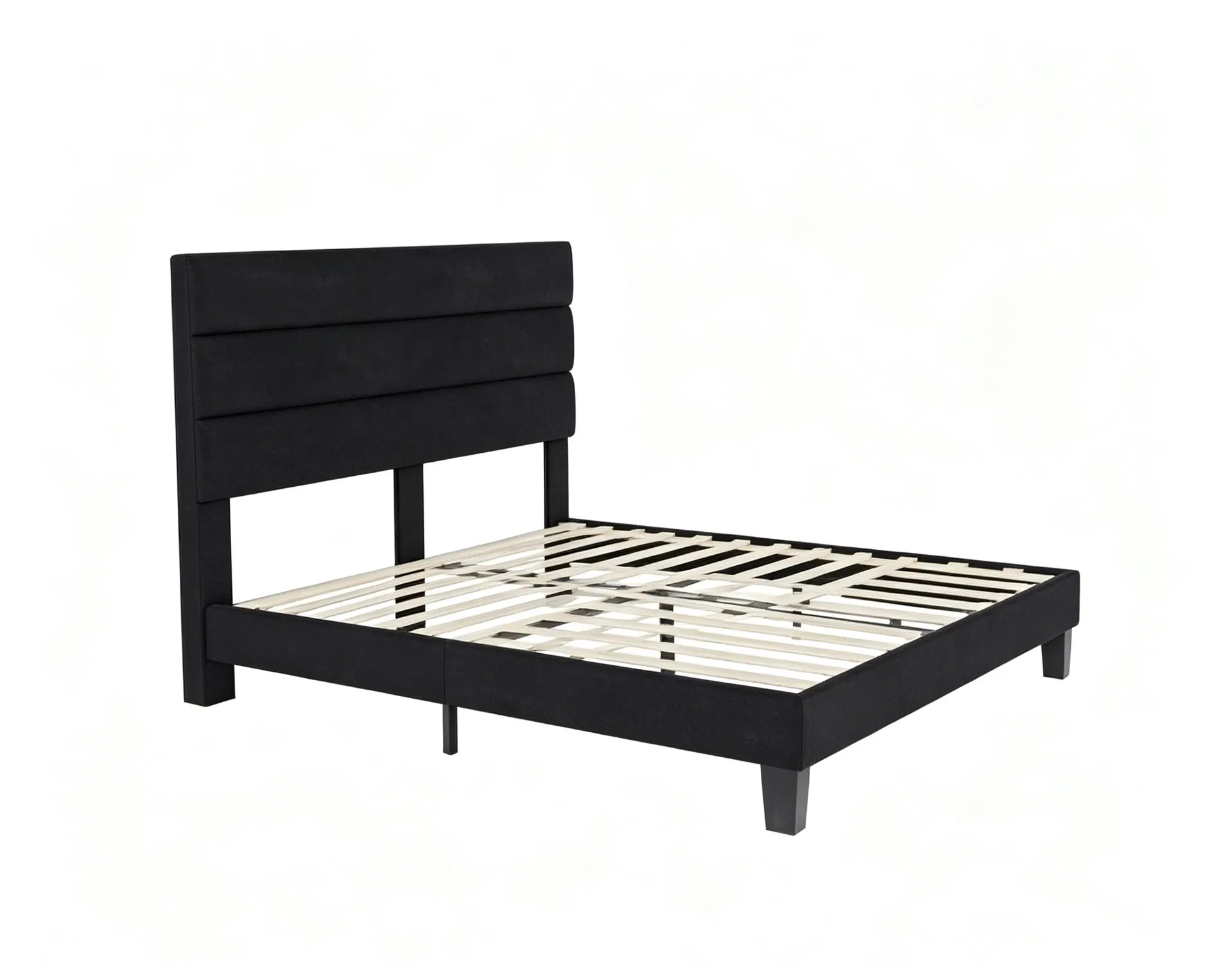Minimalist Black Fabric Upholstered Bed with Layered Headboard