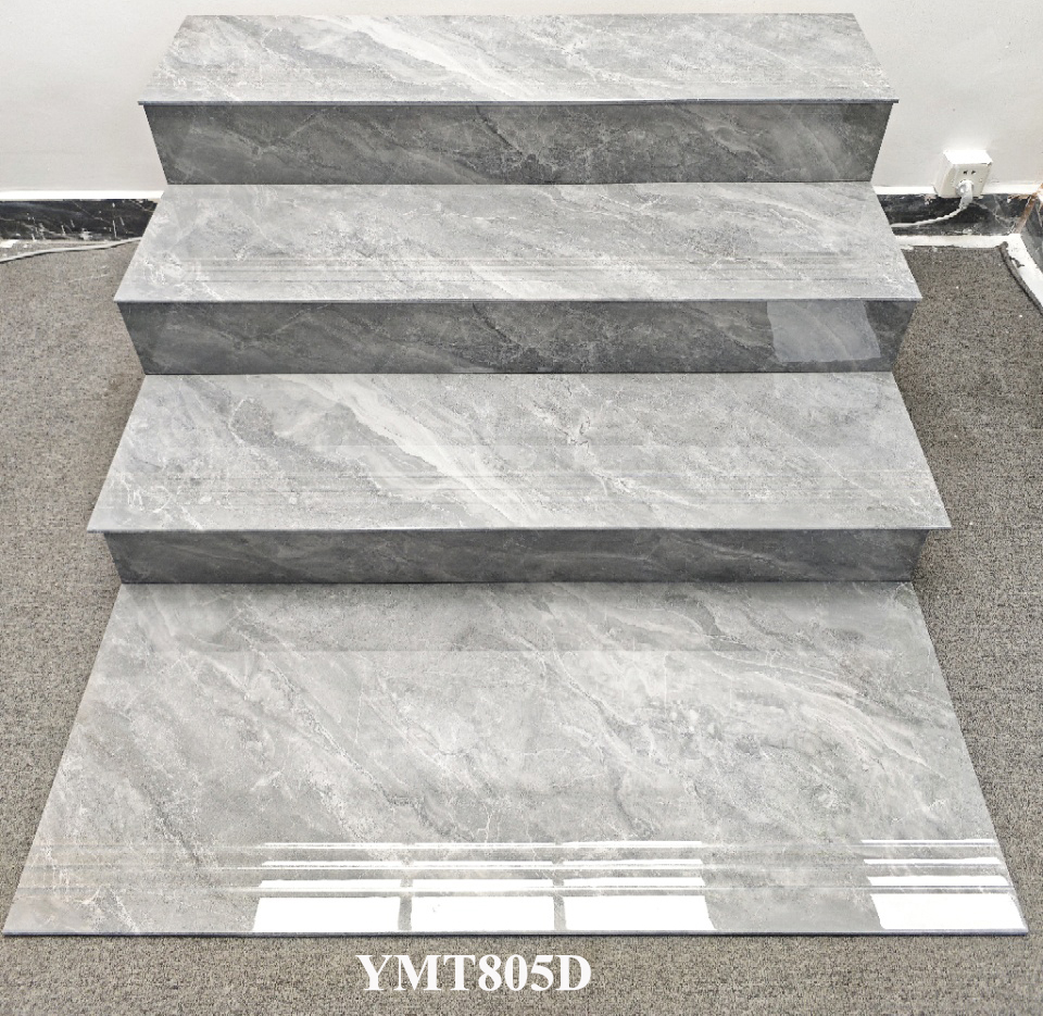 Wear-resistant Gray Beige Carrara 470x1200mm Super White Body Polished Glazed Ceramic Staircases Step and Riser For Renovation