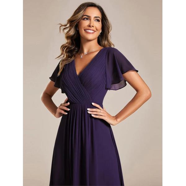 Chic V-neck High-low Short Flutter Sleeves A-line Ruffles Midi Invisible Zipper Dark Purple Chiffon  Cocktail Dress