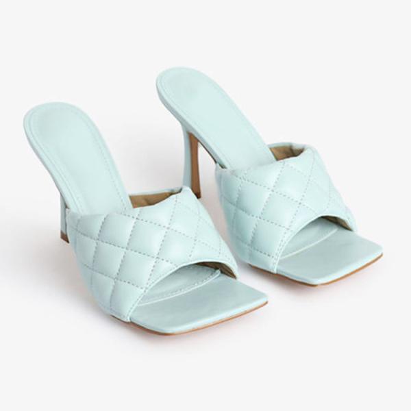 BS109 Women'S Shoes Candy Color Fashion High Heels Square Plaid Spring And Summer High Heel Sandals Wholesale PU Women'S