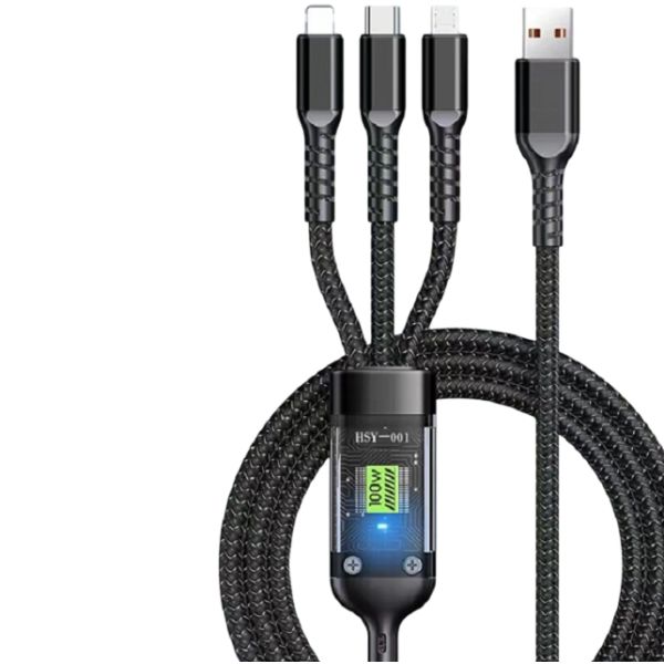 Câble de données à charge rapide ETEK, 1,2M, TPE, 30AWG*2+10AWG*2, 4 conducteurs, Indicateur LED, Noir (Couleurs/Logo personnalisés)