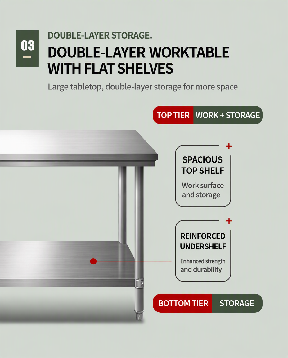Mobile Stainless Steel Work Table with Adjustable Height and Casters for Commercial Kitchens