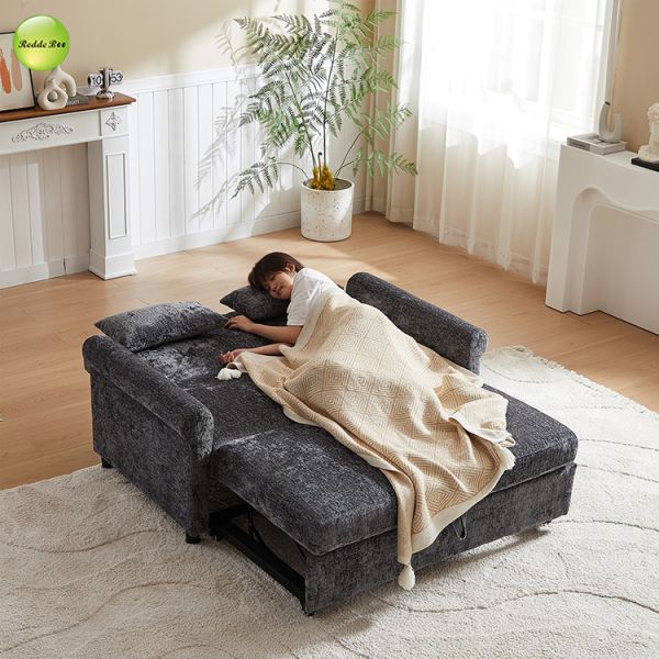 Luxury Chenille Fabric Sofa Bed Space-Saving 2 Seater Convertible Sleeping Pull Out Sofa Bed For Living Room