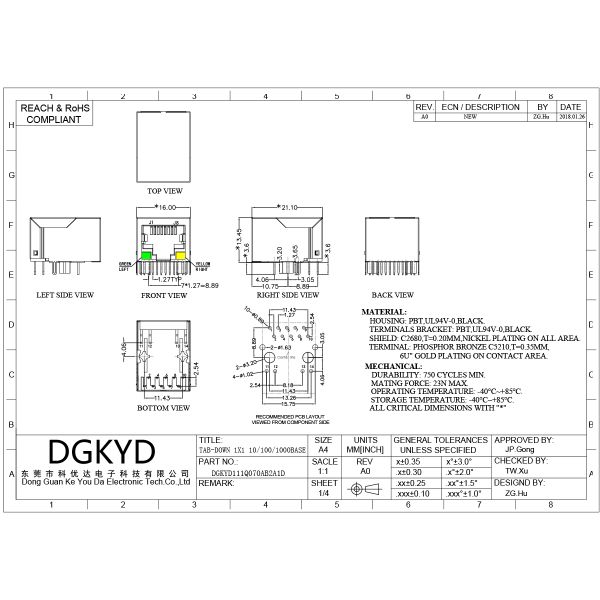 RJ45 connector 1X1 1000BASE TAB-DOWN network socket Ethernet connector RJ45 interface DGKYD111Q070AB2A1D
