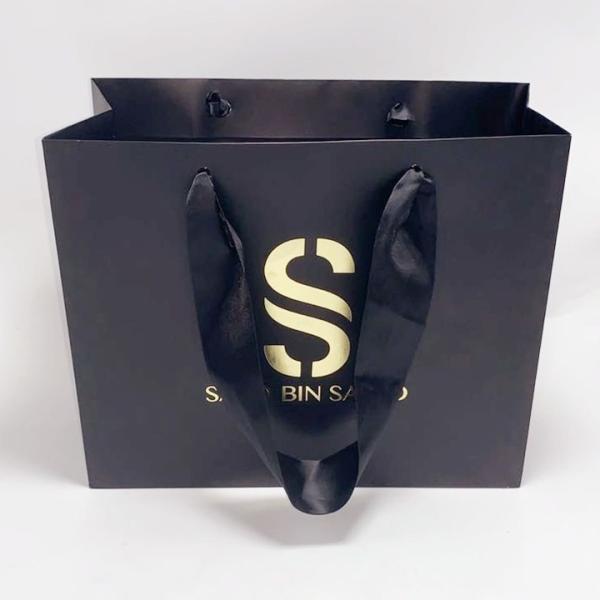 Exquisite Black Kraft Paper Bag Silk Handle Custom Printed Paper Shopping Bags