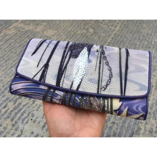 Authentic Stingray Skin Female Long  Flower Trifold Wallet Genuine Leather Lady Large Clutch Bag Women Floral Coin Purse