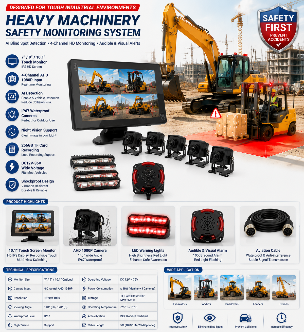 4CH AI BSD Forklift Safety Monitoring System 1080P Camera/display and LED Alarm Light/suitable for Heavy Machinery