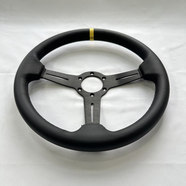 DELUXON 350mm Dia Racing Steering Wheel With 35mm Dish , Black Microfiber Leather , 5 MM 6061 Aluminum Alloy Black Spoke