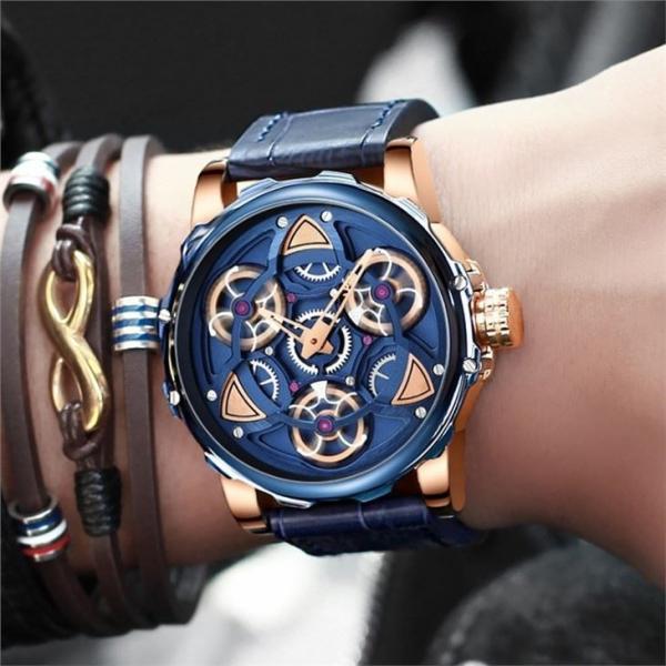 3ATM Waterproof Mechanical Hollow Leather Quartz Watch With 44mm Dial