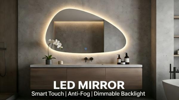Irregular Shape LED Mirror Artistic Water Drop Vanity Mirror with Dimmable Lights & Anti-Fog Function for Bathroom Living Room