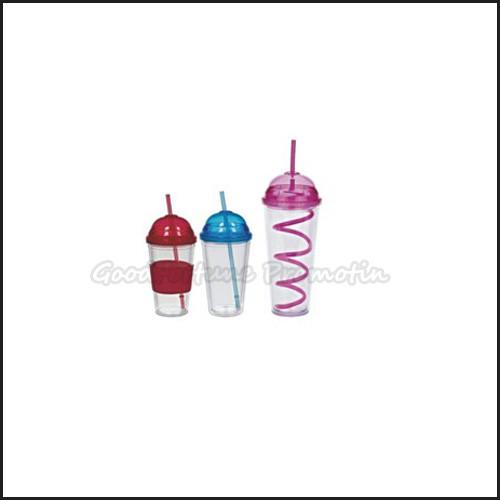 Promotion printed logo two layer plastic tumbler mug water drink cup with straw