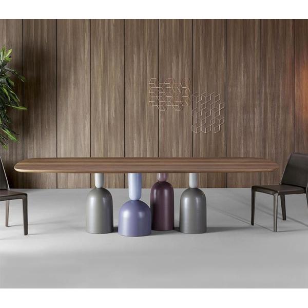 Forma retangular personalizada da mesa de jantar da base do metal da cor da noz