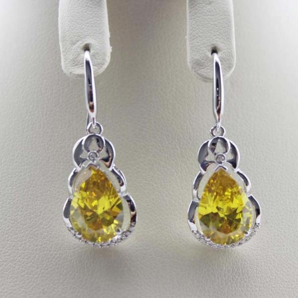 925 Silver  Pear Shaped Yellow Citrine Cubic Zirconia Dangle Drop Earrings(PSJ04034)