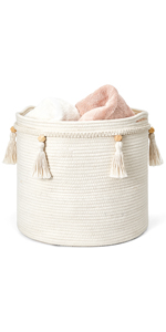 storage Basket Decorative Rope Basket Wooden Bead Decoration For Blankets,Toys,Clothes,Shoes,Plant Organizer Bin