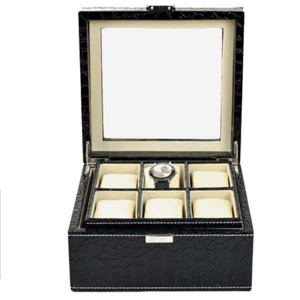Handmade PU Leather Watch Display Box 2 Layer 6 Grids Customized Size