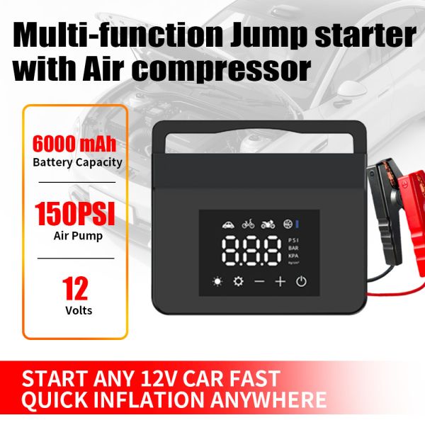 6 In 1 Wireless Portable Car Power Bank Jump Starter With Tire Inflator Blower LED Digital Display