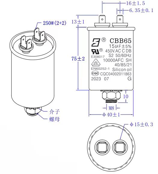 CBB65 450V 15UF AC Мотор конденсатор пленочный конденсатор Винт ROHS S2 Защищенный 10000AFC