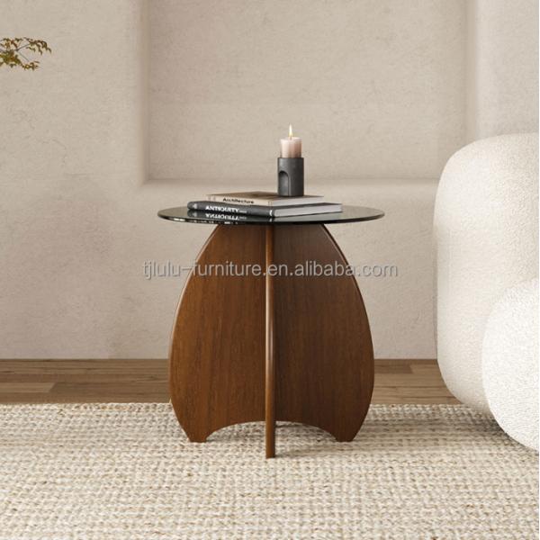 Solid Wood Round Side Glass Top Table Coffee Table For Living Room Design General Home Furniture Lacquered Finish