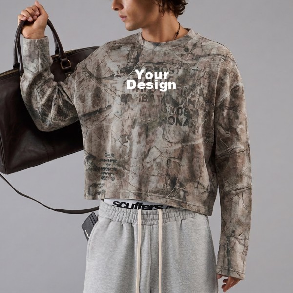 Branch Camo Waffle Long Sleeve Top, Boxy Oversized Functional Shirt with Heat Transfer Tactical Print | OEM ODM Customizable