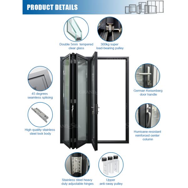 Grandsea Waterproof Hurricane Proof Aluminium Alloy Patio Glass Bi Folding Door American Bifolding Aluminum Folding Door