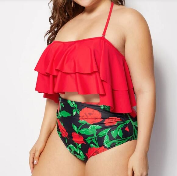 Big Size Wrap Halter Top With Floral print Bikini Set Swimwear Women size 3XL