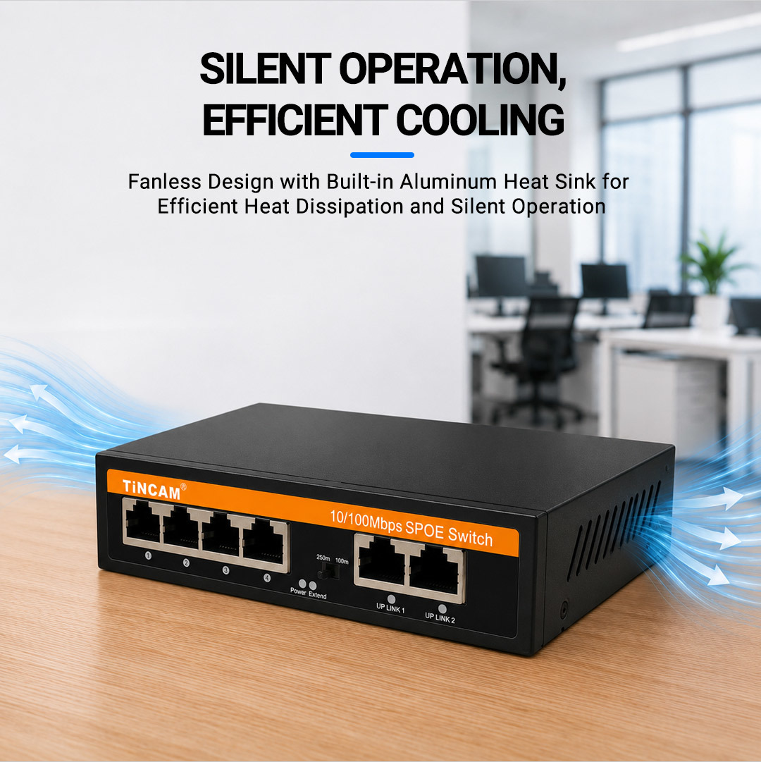 4-port Fast Ethernet Passive Poe Switch 4×10/100mbps Non-standard Poe Ports + 2×10/100mbps Uplink Ports 24v 48w 250m Extend Mode For Building Intercom Systems TBC-EFP4206N-V