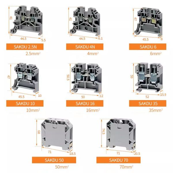 SAKZDU 2.5N DIN Rail Screw Clamp Terminal Blocks 800V 24A 2.5 mm² Wiring Gauge