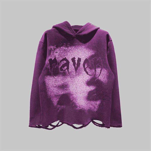 Cotton Distressed Hoodie Dtg Print Hoodie French Terry Pullover Ripped Cut Raw Hem Hoodie